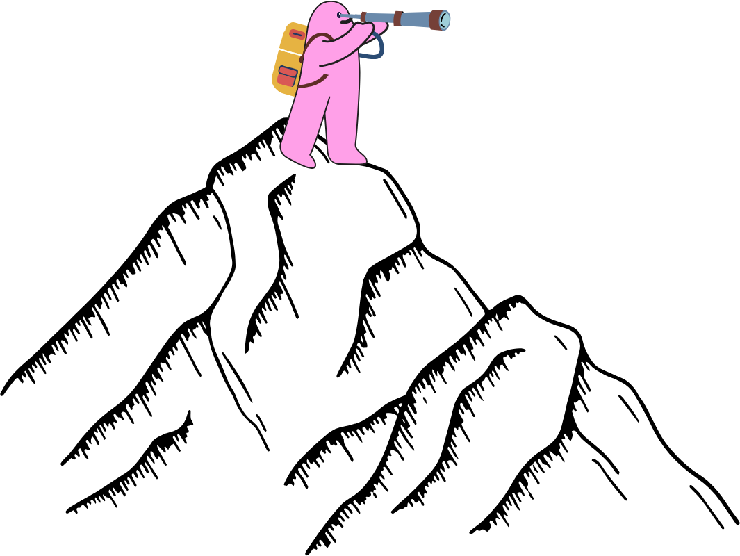 A figure surveying the horizon with a telescope from a mountain peak