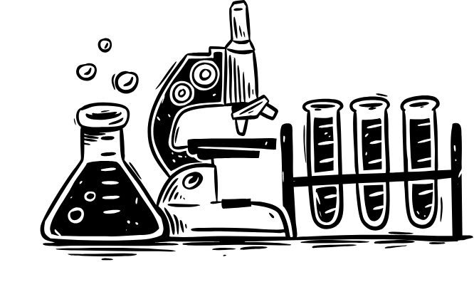 Microscope, flask and test tubes